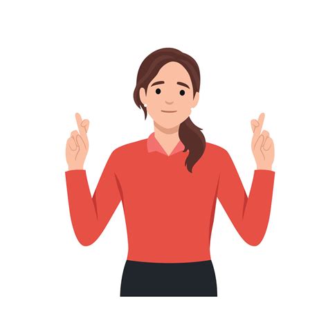 Feeling hope with crossed fingers concept. Young positive woman cartoon ...