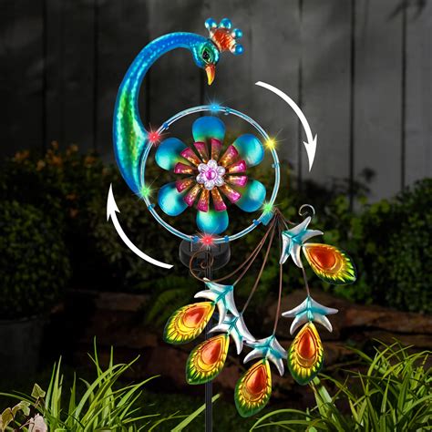 Buy Solar Peacock Wind Spinner Metal Garden Stake, 12 Multi Color ...