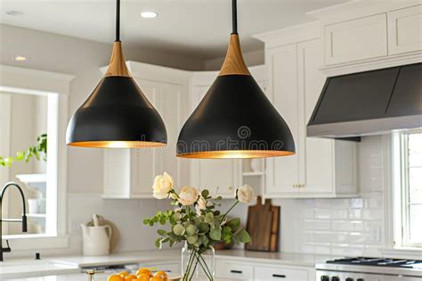 Two Black Pendant Lights Hanging Over a Kitchen Island Generative AI ...