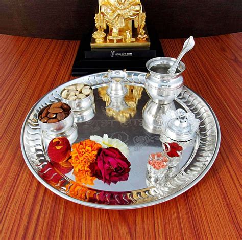 - GOLDGIFTIDEAS 12 Inch Premium Shubh Labh Silver Plated Pooja Thali Set