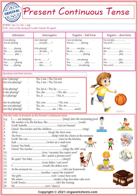 Present Continuous Tense Exercises, Free Printable Present Continuous Tense ESL Worksheets ...