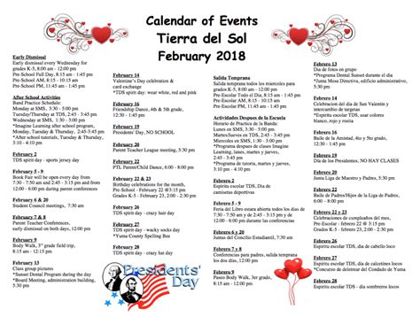 Calendar - February 2018 | Tierra Del Sol Elementary School