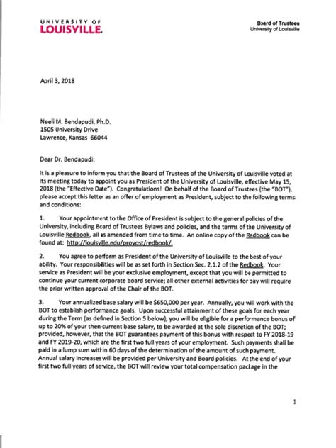 Neeli Bendapudi UofL Offer Letter and Contract | PDF