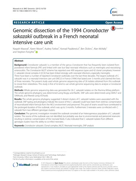 (PDF) Genomic dissection of the 1994 Cronobacter sakazakii outbreak in a French neonatal ...