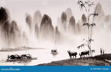 Chinese Landscape Ink Painting Stock Illustration - Image: 70474966