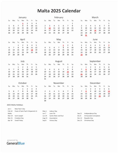 2025 Yearly Calendar Printable With Malta Holidays