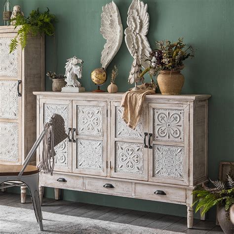 59" Farmhouse Distressed White Sideboard Buffet Artistic Surface with 4 Doors 3 Drawers 2 ...