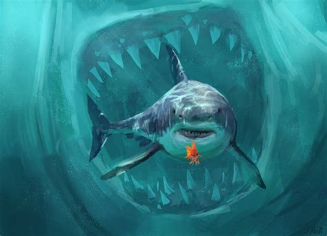 artwork, shark, goldfish, megalodon, cyan | 1500x1084 Wallpaper - wallhaven.cc