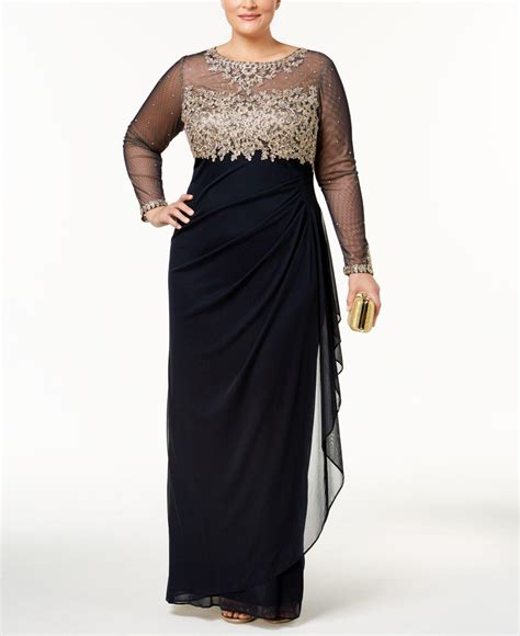 Xscape Synthetic Plus Size Embroidered Illusion Gown in Navy/Gold (Blue ...