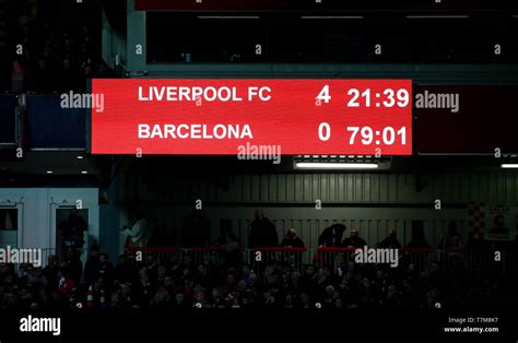 The scoreboard shows Liverpool 4-0 Barcelona during the UEFA Champions ...