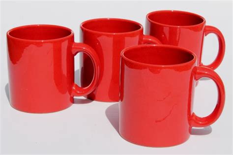 Waechtersbach pottery mugs, plain solid red coffee cups set of four