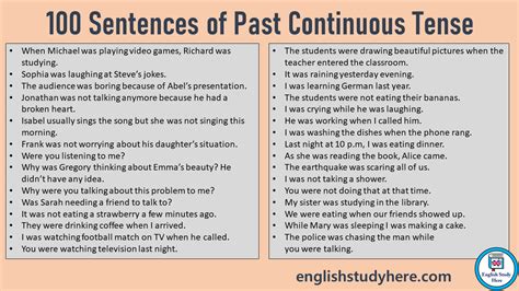 100 Sentences of Past Continuous Tense, Examples of Past Progressive ...