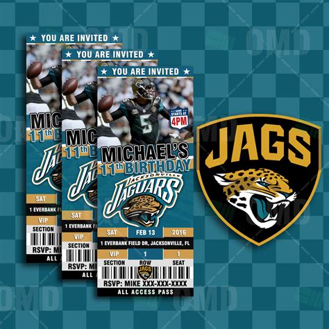 2.5×6″ – Jacksonville Jaguars Football Ticket Style Sports Party Invitations – Sports Invites