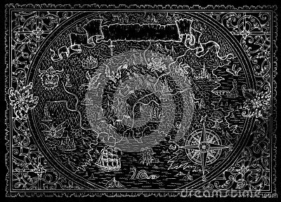 Fantasy Atlas Map With Unknown Land, Compass, Pirate Ship, Vignette Banner On Black Stock ...
