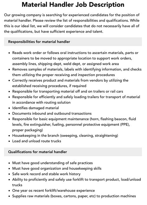 Material Handler Job Description | Velvet Jobs