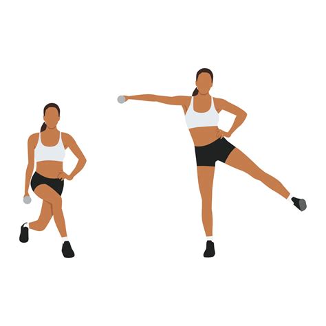 Woman doing Curtsy lunge side kick lateral raise exercise. Flat vector ...