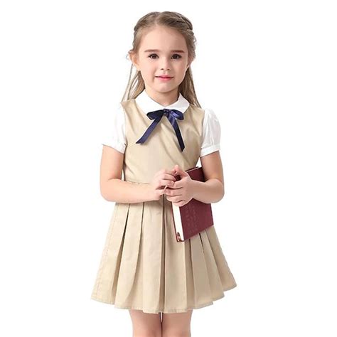 Big Girl Summer Dresses Bowknot Kids Dress School Uniform Blue Khaki ...