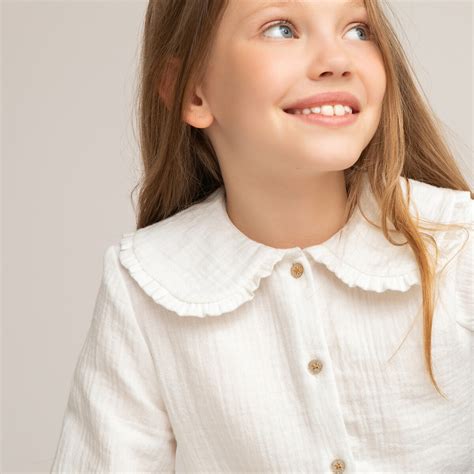 Organic cotton muslin blouse with peter pan collar, 3-12 years, ecru, La Redoute Collections ...