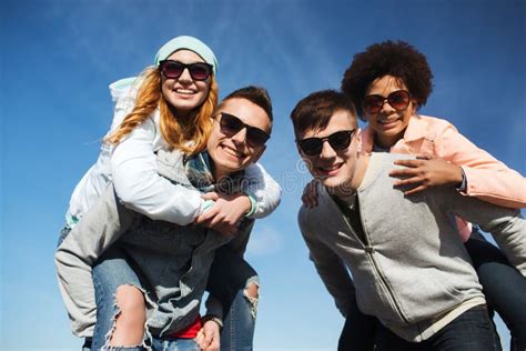 Happy Friends in Shades Having Fun Outdoors Stock Photo - Image of ...