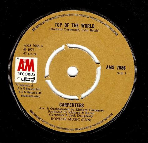 CARPENTERS Top Of The World Vinyl Record 7 Inch A&M 1973