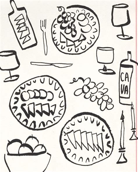 a black and white drawing of various food items