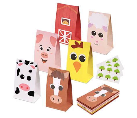 several paper bags with farm animals and farm animals on them, all decorated in different colors