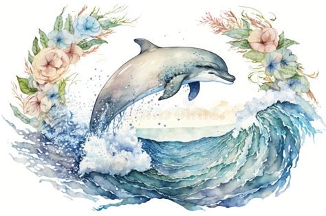 Happy Dolphin in Hand Drawing Watercolor Style with Summer Flower Decoration Stock Photo - Image ...