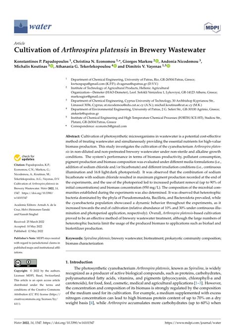 (PDF) Cultivation of Arthrospira platensis in Brewery Wastewater