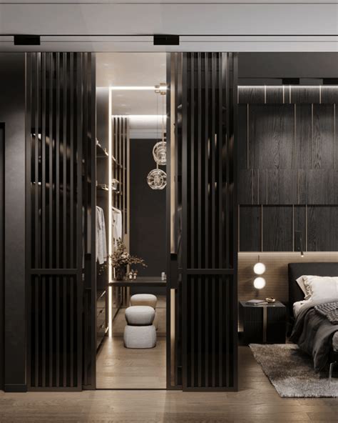 a modern bedroom with black and white decor