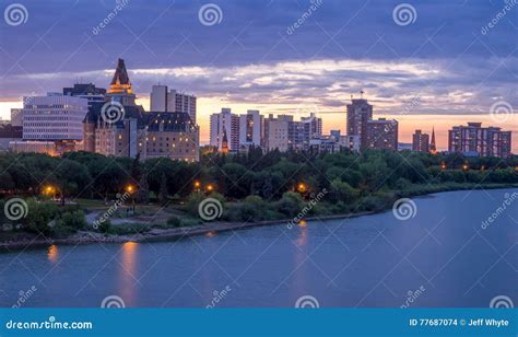 Saskatoon skyline at night stock photo. Image of city - 77687074