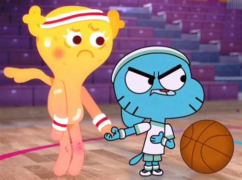 an animated cartoon character standing next to a basketball on a wooden floor in front of a crowd