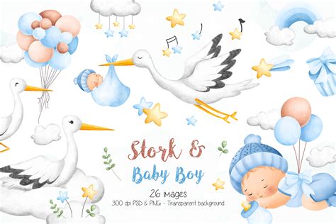 Stork and Baby Boy Clipart Graphic by Stellaart · Creative Fabrica