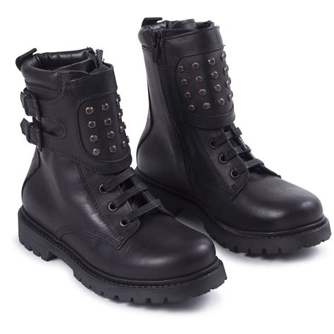 Diesel Boys Black Leather Combat Boots with Studded Strap and Laces for Boys - BAMBINIFASHION.COM