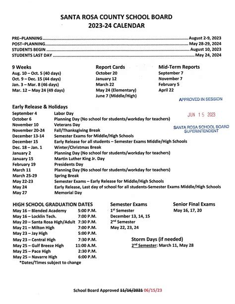 Santa Rosa County District Schools Calendar 2023-2024 in PDF