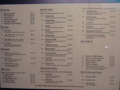 Menu at Zab Thai Food Takeaway restaurant, Christchurch