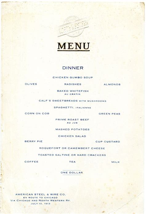 1913 C&NW Dining Car Menu | Railroad Dining Car Archives | Chicken gumbo soup, Prime roast beef ...