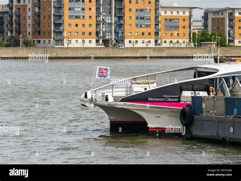 Woolwich, London - 15 May 2023: UberBoat by Thames Clipper docked at Woolwich Ferry terminal on ...