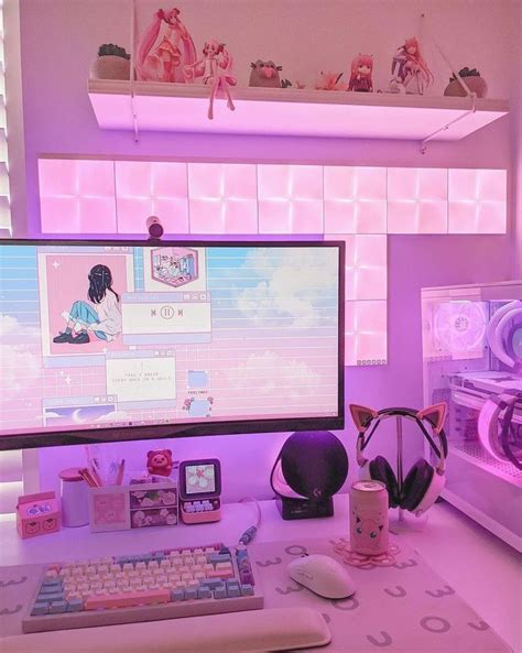 pink aesthetic game setup | Gaming room setup, Video game room design, Gaming desk setup