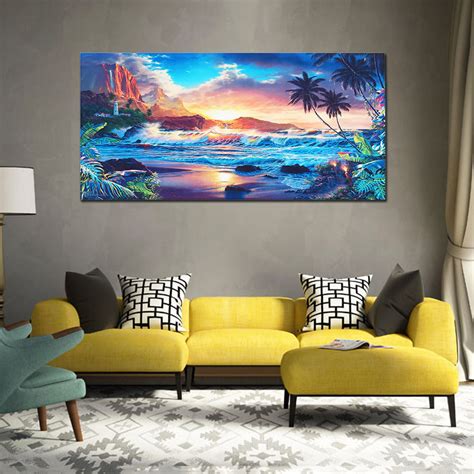 UnFramed Canvas Wall Art Sunset Sea Beach Modern Seascape Scenery Painting - Long Canvas Artwork ...
