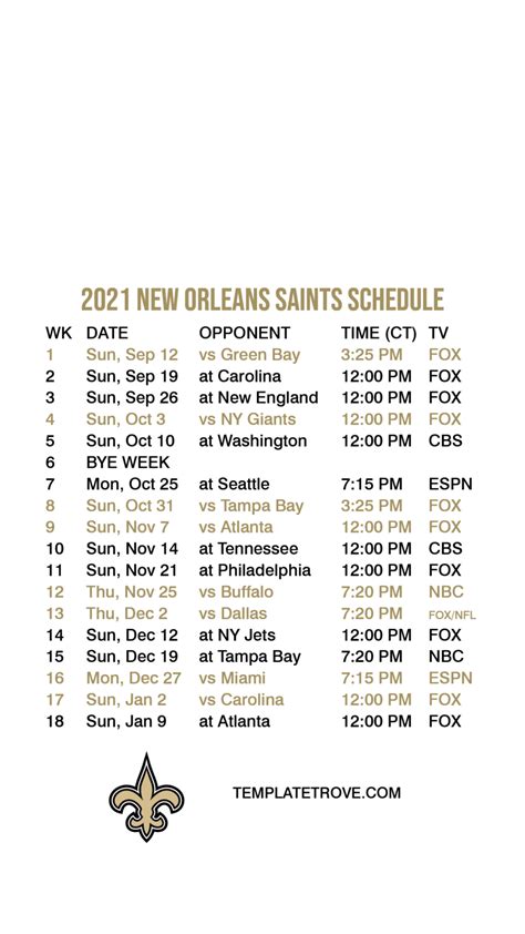 Printable New Orleans Saints Schedule - FreePrintable.me