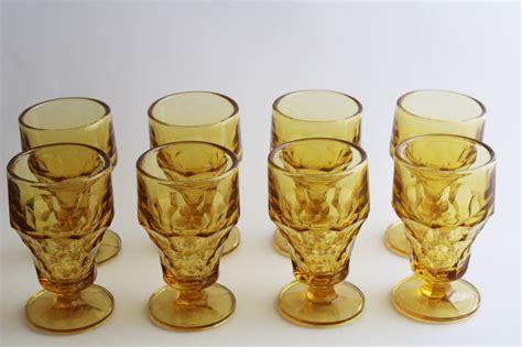 vintage amber glass footed tumblers or iced tea glasses, Georgian pattern drinking glasses set
