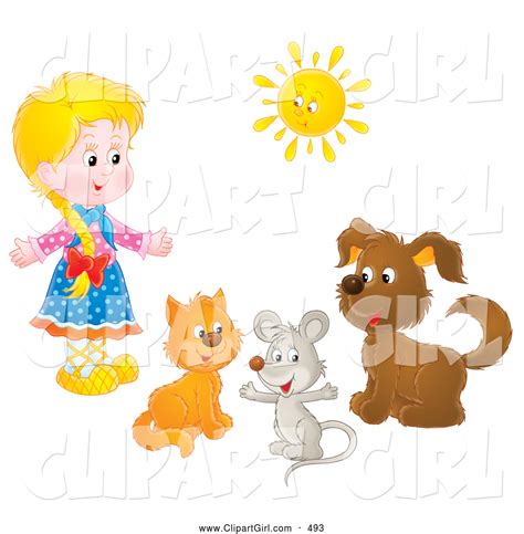 Clip Art of a Smiling Little Blond Girl with a Cat, Mouse and Dog Under a Sun by Alex Bannykh - #493