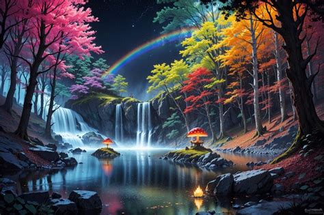 Premium Photo | A rainbow in the sky above a waterfall