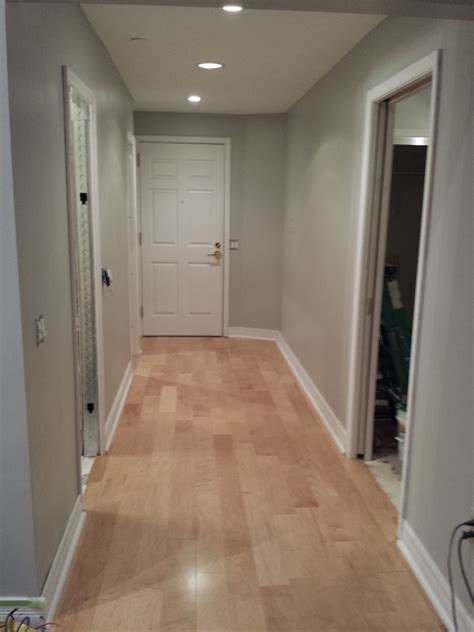 Engineered maple flooring with "Dolphin fin" gray Behr satin finish ...