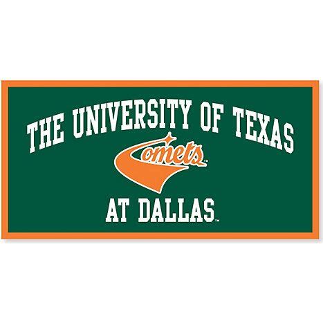 the university of texas at dallas logo on a green and orange banner with an orange stripe