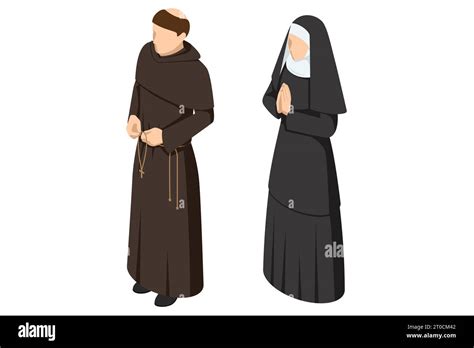 Isometric Christian catholic monk, A nun in traditional robes on white ...