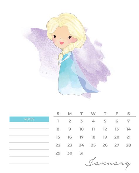 Free Printable 2023 Watercolor Princess Calendar - The Cottage Market