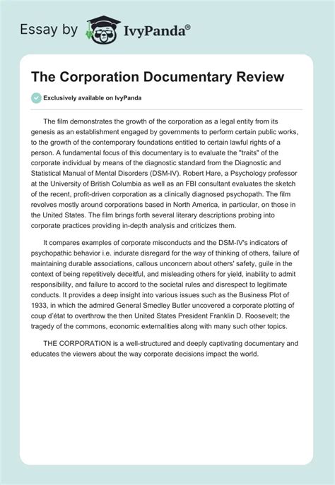 "The Corporation" Documentary Review - 273 Words | Essay Example