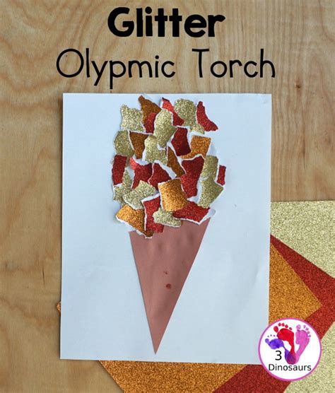 Glitter Olympic Torch Craft with Torn Paper Art | 3 Dinosaurs