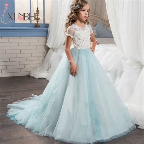 Floor Length Princess Light Sky Blue Lace Flower Girl Dresses 2018 Applique Girls Pageant Dress ...